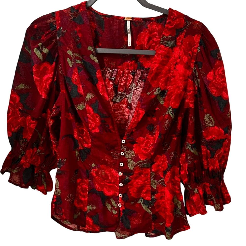 Free People I Found You Floral V-Neck Puff Sleeve Button Front Top Coquette, S